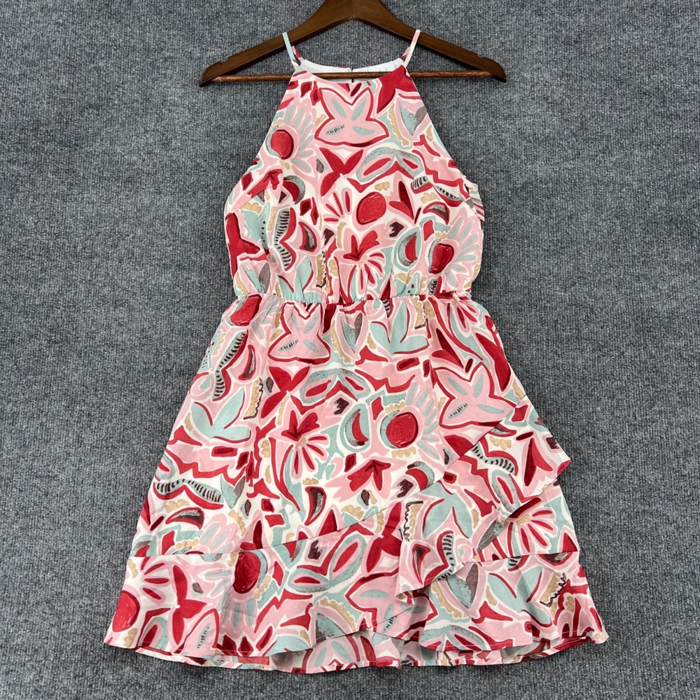 Shop The Mint Halter Mini Dress Womens S Pink Abstract Ruffle Layer Boho Cottage